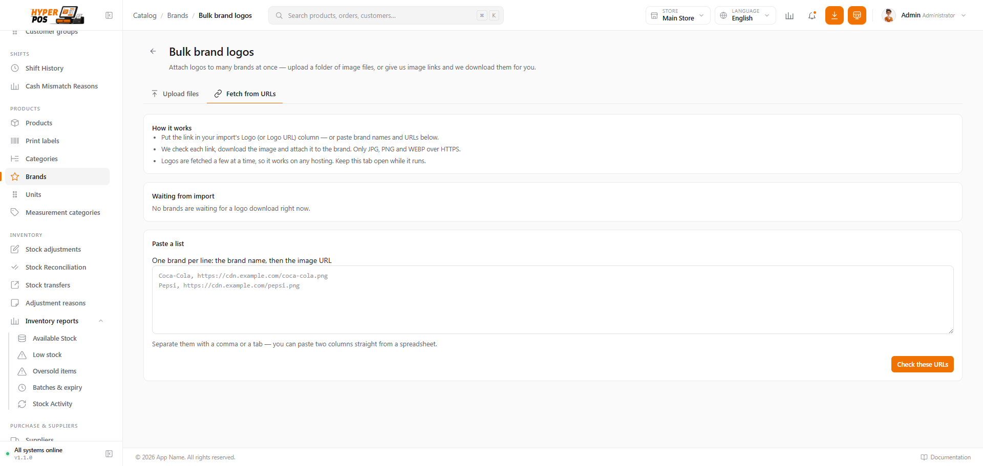 Bulk brand logos URL tab showing matched brand names, image URLs and preview results