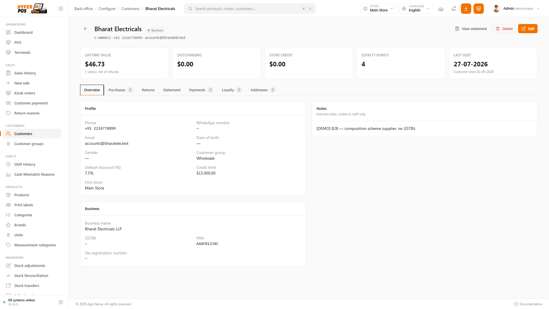 A customer's detail page with tabs for overview, addresses, purchases, payments, returns, statement and loyalty