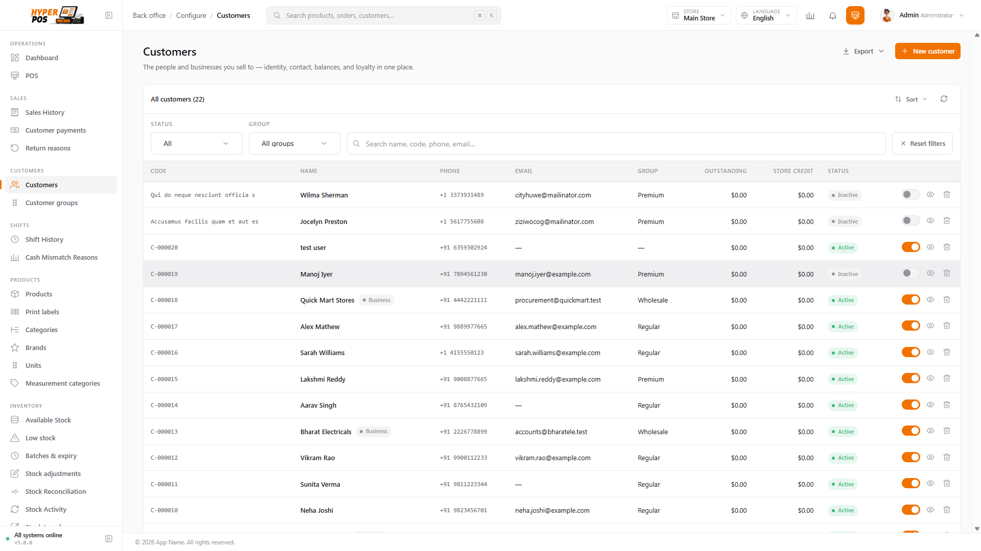 The Customers list showing names, phone numbers, groups, outstanding balances and status