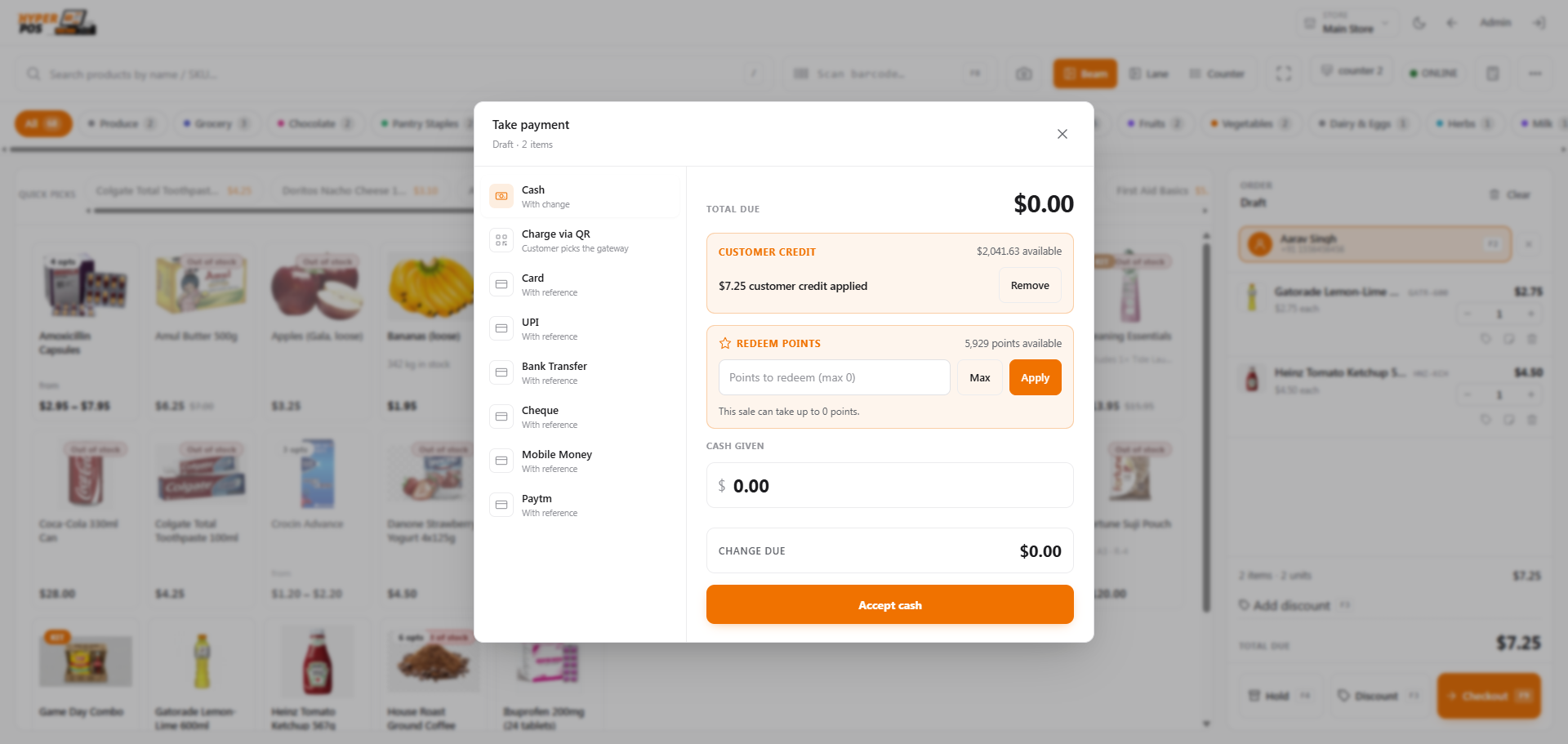 POS payment panel showing a customer's available store credit, applied amount and remaining amount due