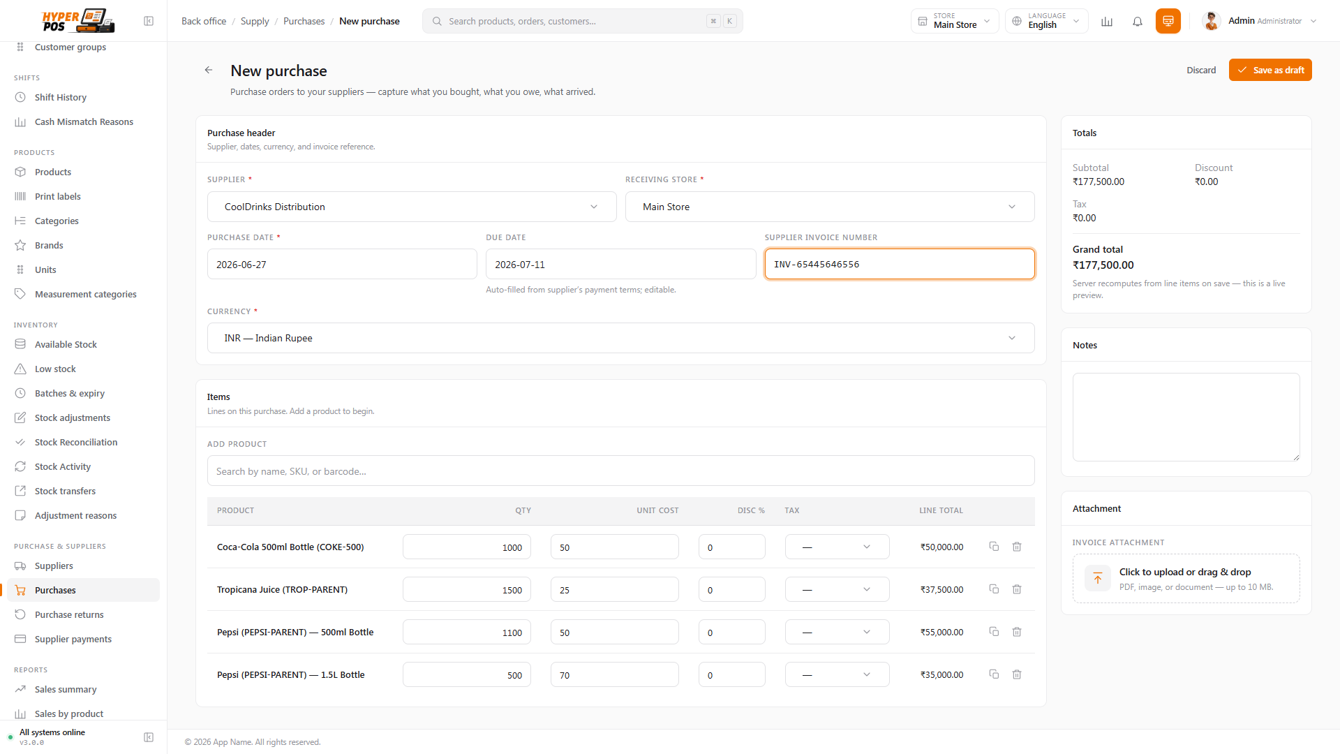 The purchase form with a supplier chosen and a table of items, quantities and cost prices