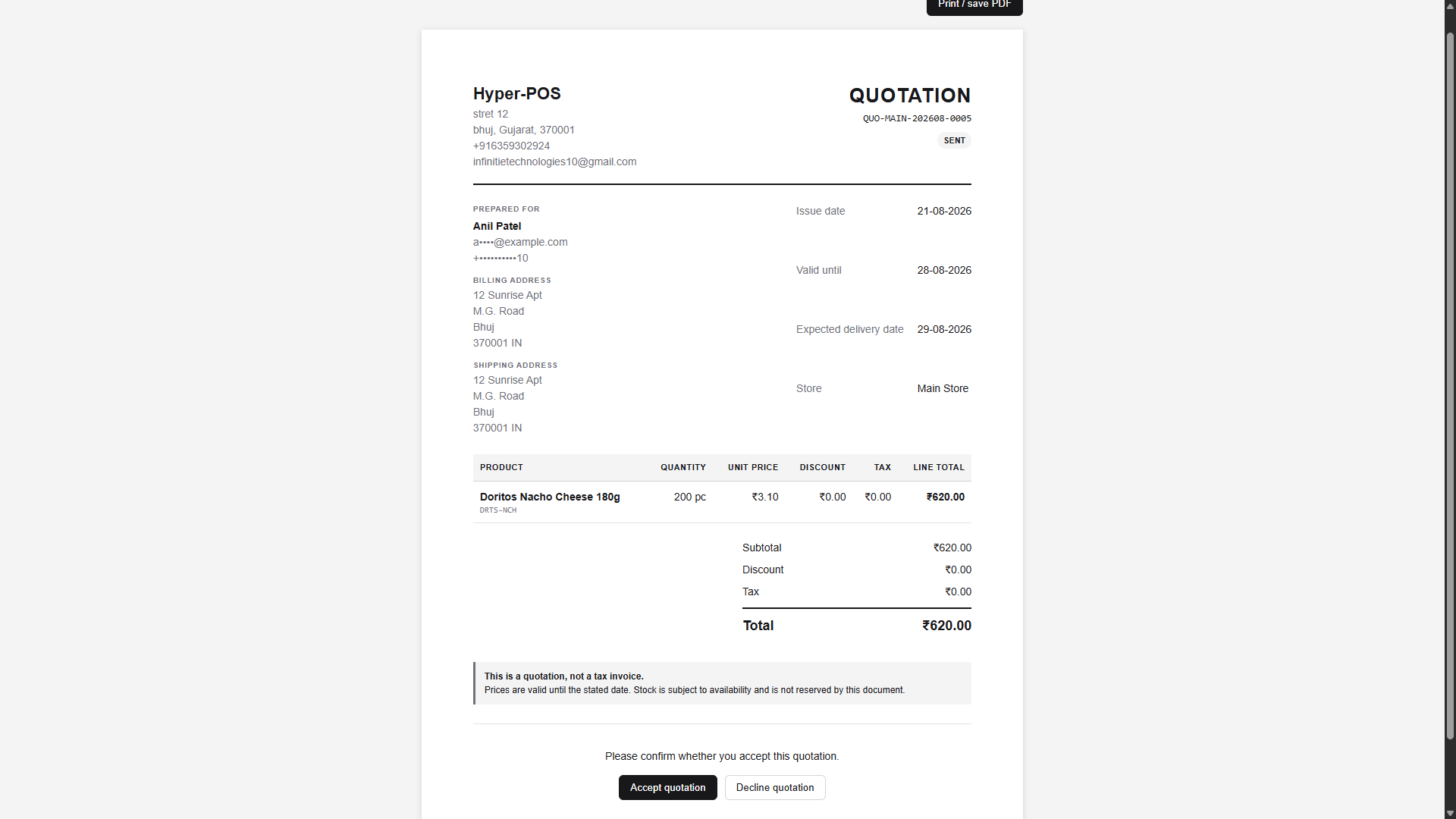 Public customer quotation document with items, totals, validity and accept or decline buttons