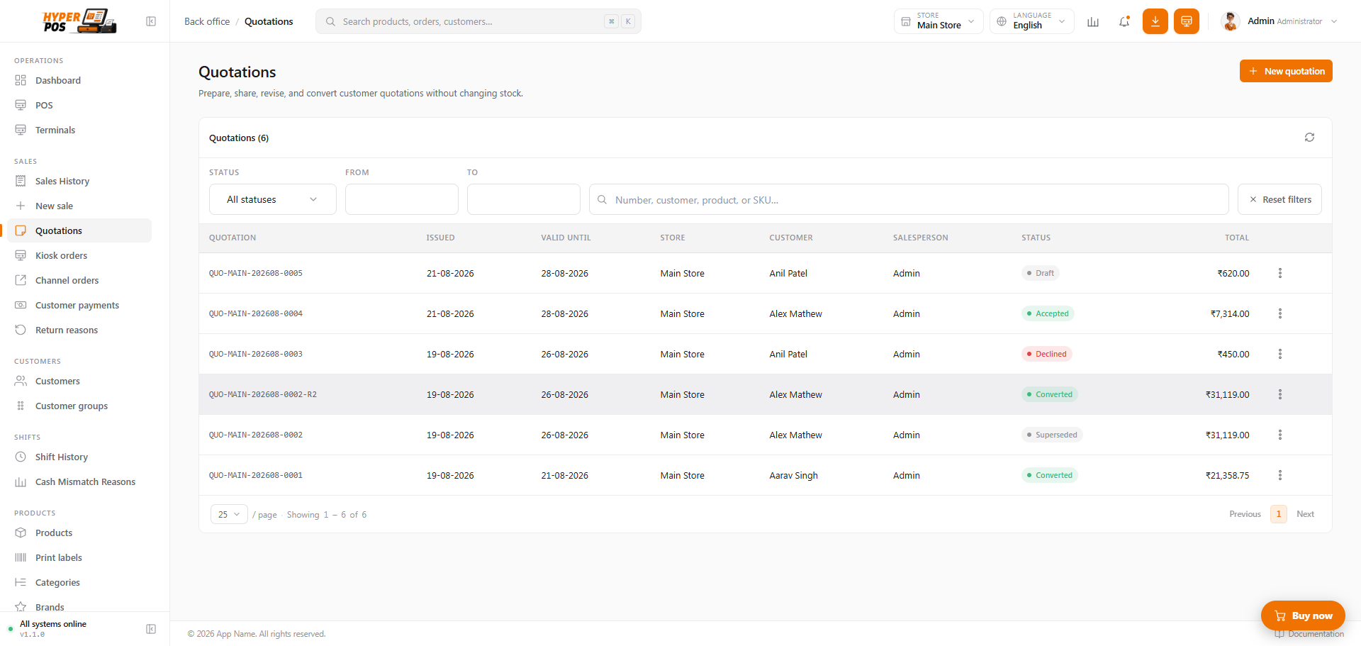 Quotation list with number, customer, store, owner, dates, status and total