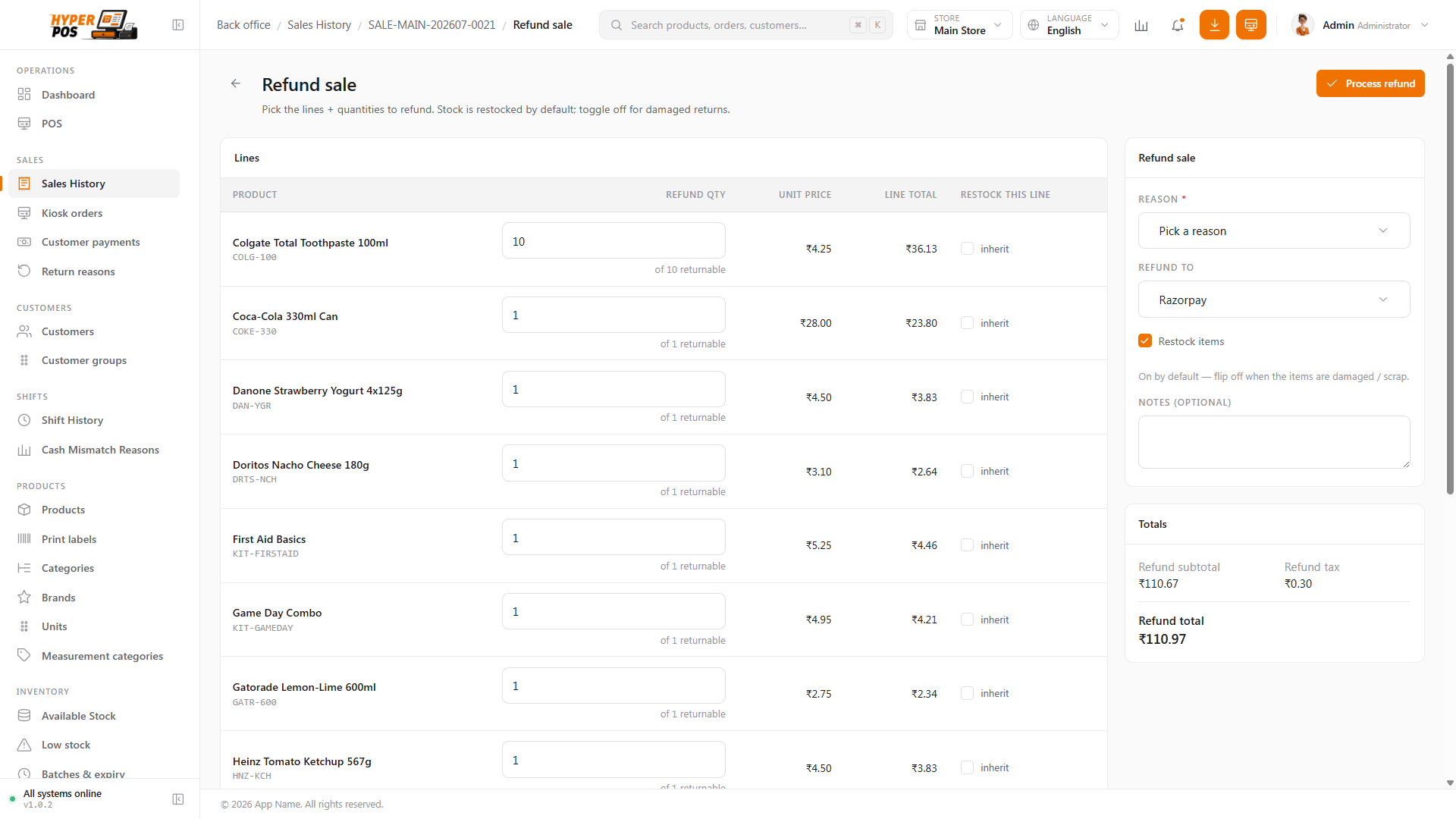 The refund window with the refund method set to Use original method