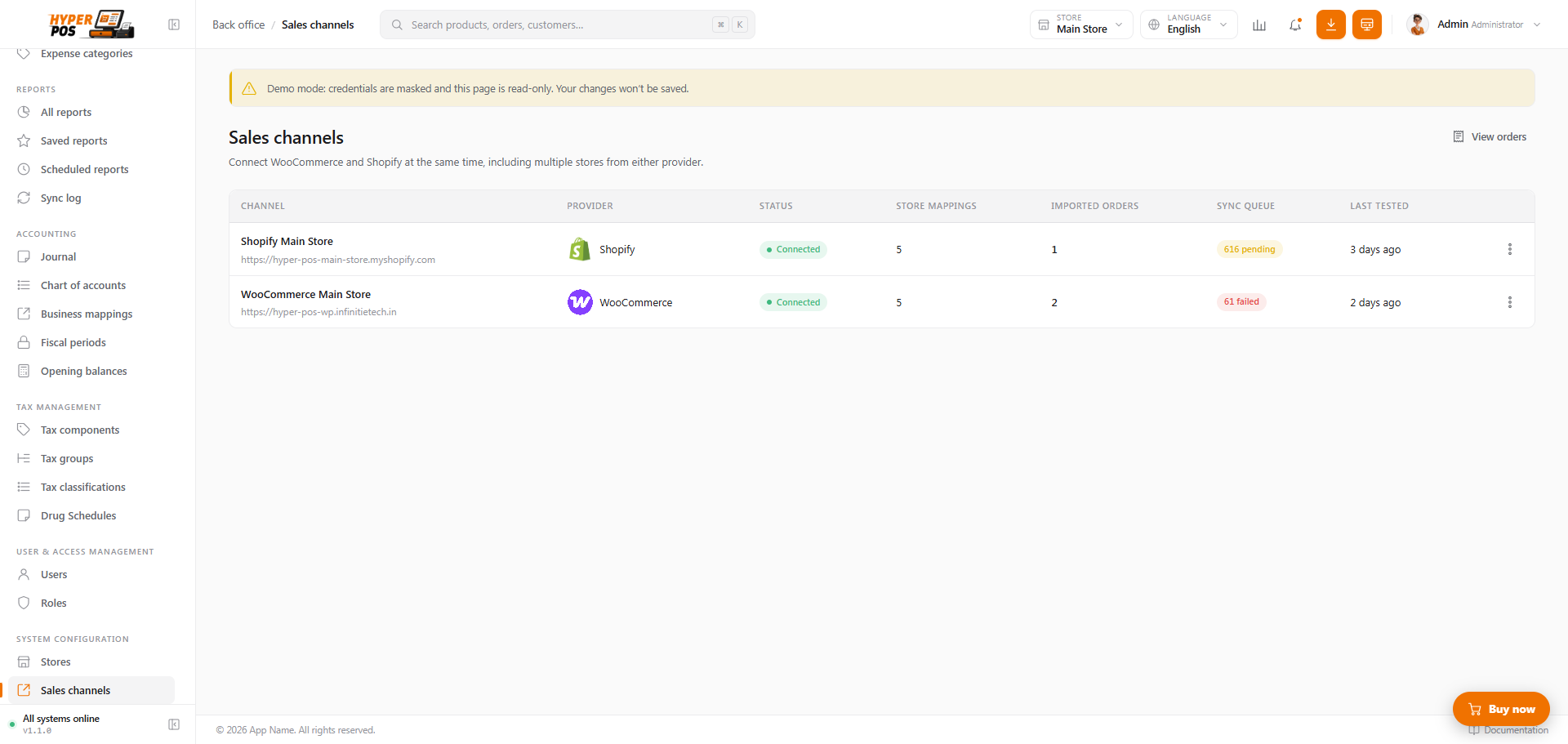 Sales channels page listing connected Shopify and WooCommerce stores with health and synchronization status
