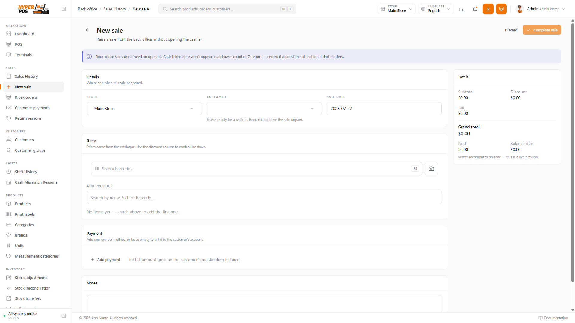 The New sale screen with store, customer, item lines, live totals and payment rows