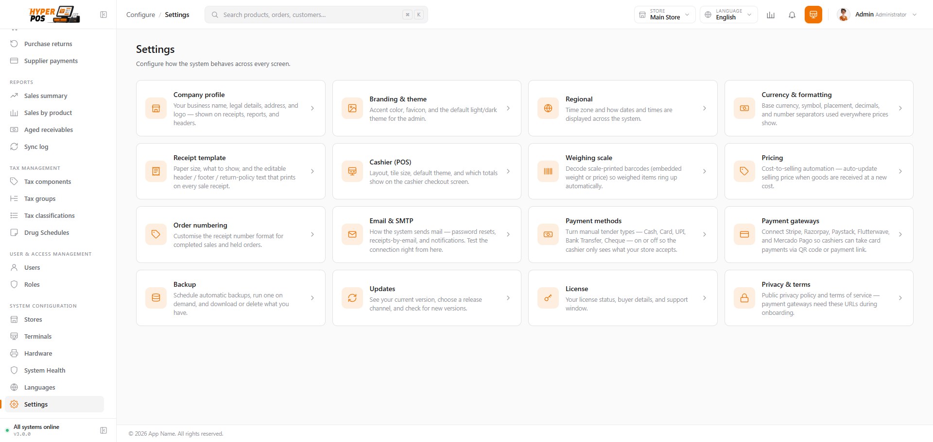 The Settings page showing a grid of setting cards