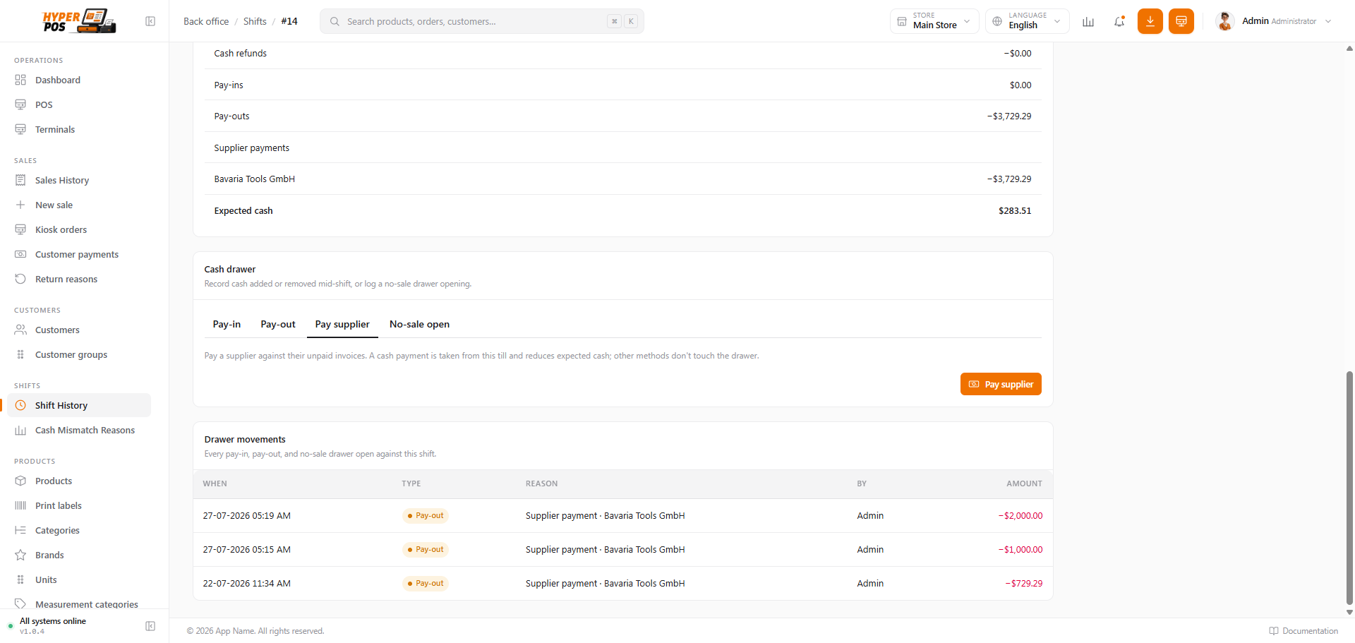 The Pay supplier tab on the cash drawer panel with a supplier selected and unpaid invoices being settled
