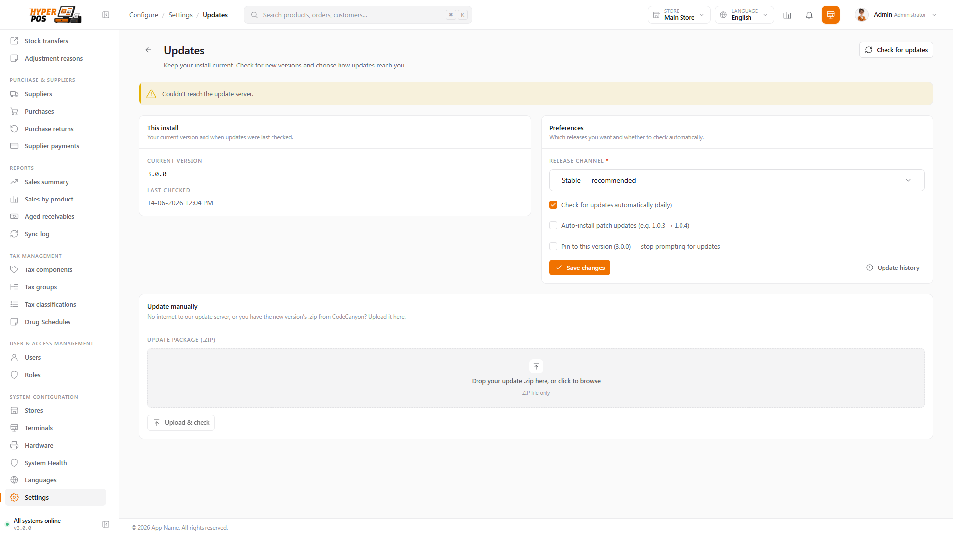 The Updates page showing the current version and an available update with release notes