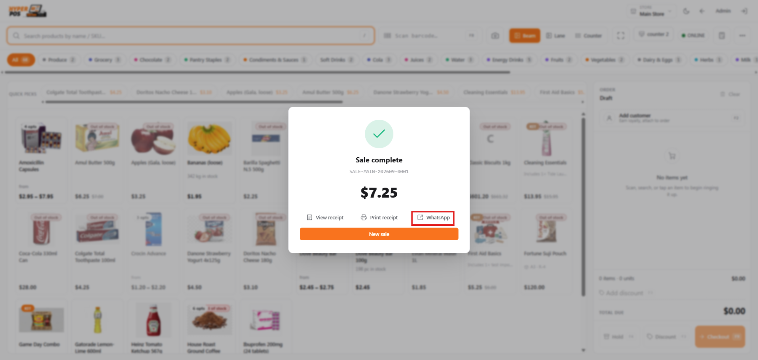 Sale detail page with Send via WhatsApp and the resulting prepared or queued status